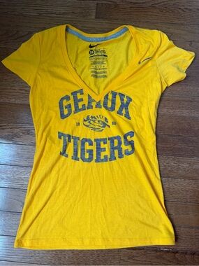Nike Women's Yellow V-Neck 'Tigers' Graphic T-Shirt